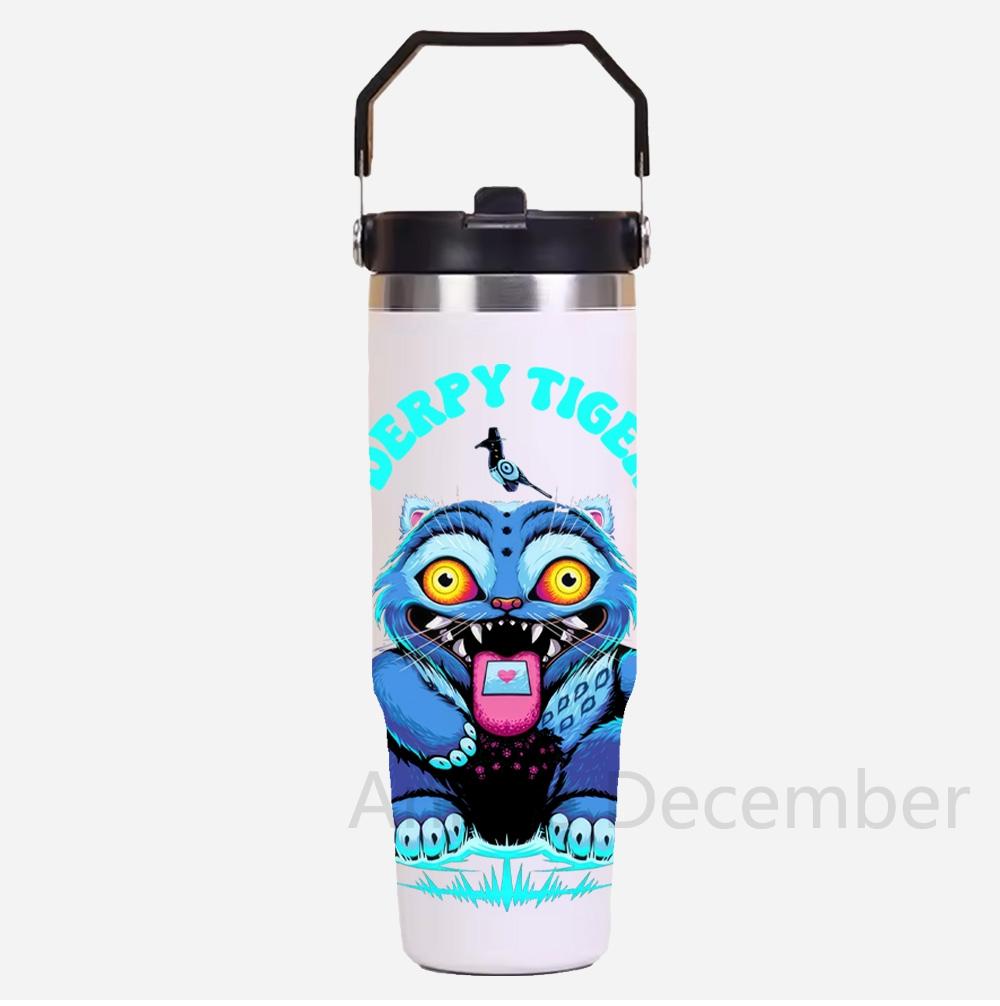 30Oz Anime K-Pop Large Capacity Portable Car Cup Stainless Steel Thermos Cup with Straw Handle Travel Sports Water Bottle Vacuum Flask