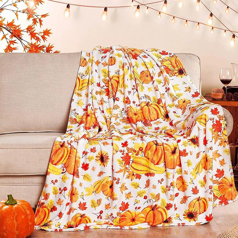 Halloween Sofa Blanket Autumn Thanksgiving Gift Throw Pumpkin Print Flannel Coverlet
