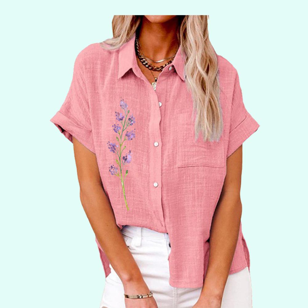 Ženy Móda Květinový potisk Tričko Léto Ležérní Top s klopou Krk s kapsou Podzim Tričko Volný Krátký rukáv Dámské Ležérní Lněné halenky