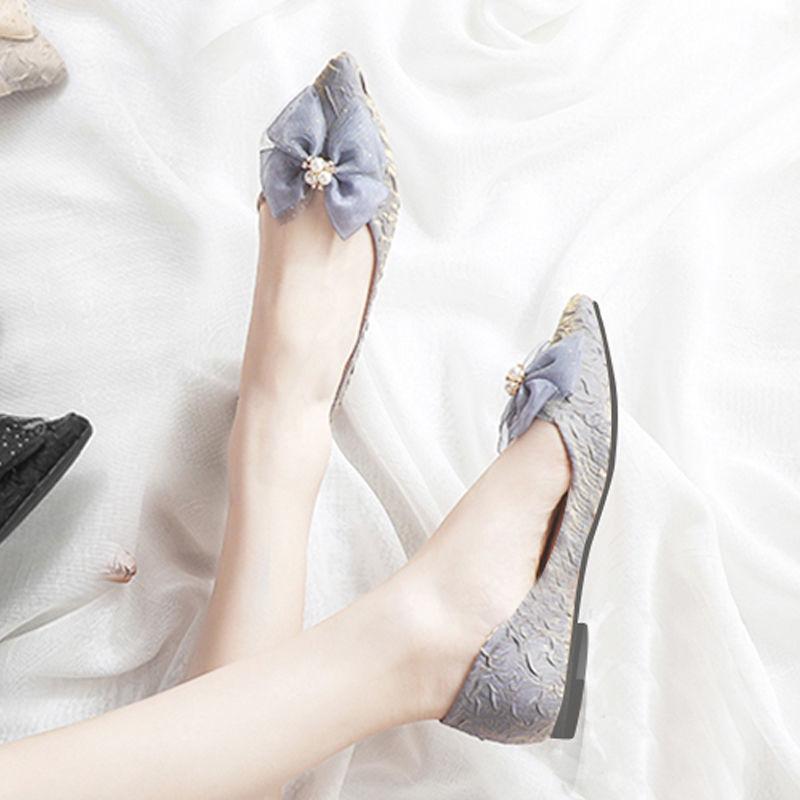Fashion Lace Pearl With Bow Pointed Toe Women's Flat Shoes Popular Social Elegant 2025 Trend Korean Style Fashionable Ladies Footwear