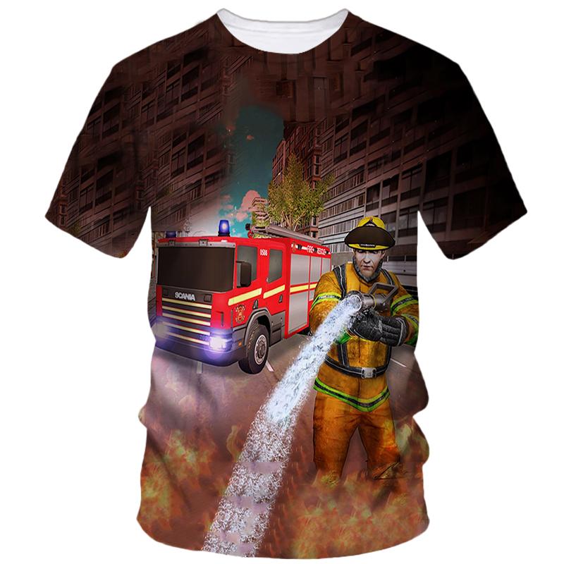 Firefighter Pattern Print Tough Guy Style T-shirts Summer Men's Short Sleeve T-Shirt Street Personality Creative Fashion Loose Casual Top