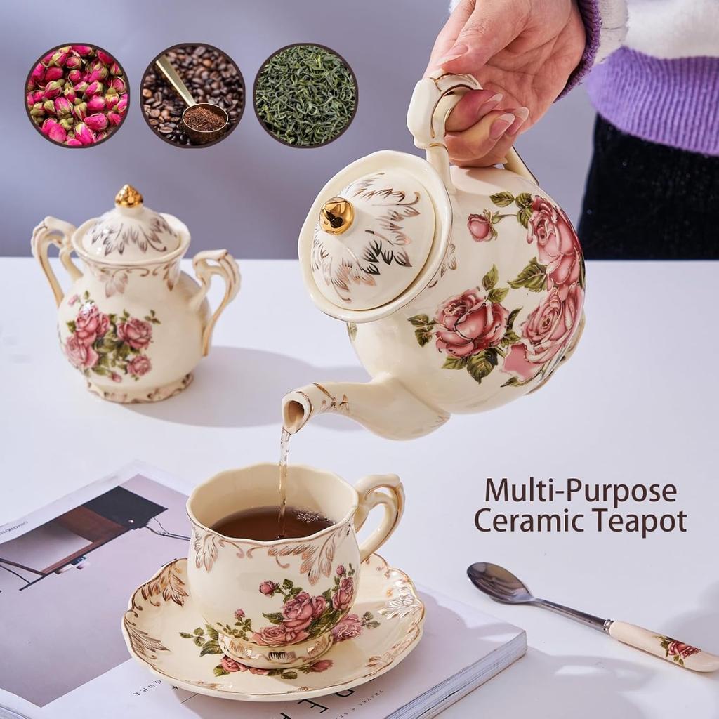 Vintage Rose Ceramic Teapot 800ml, Floral Teapot with Gold Leaf Rim for Loose Tea, Ivory Elegant Tea Pot, Gift for Tea Lovers