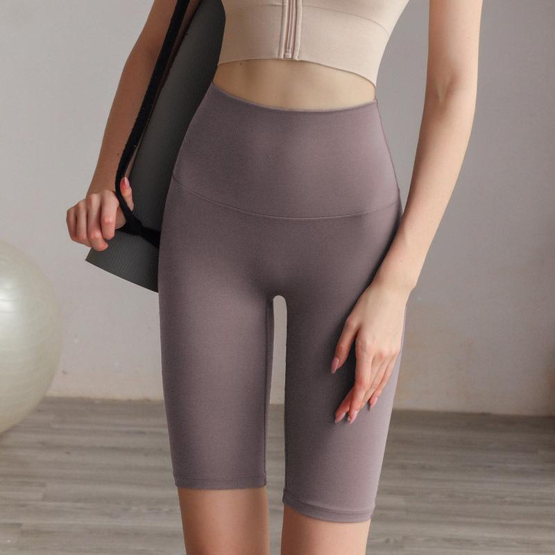 Sports shorts 2025 double-sided brocade nude fitness medium pants high waist slim peach hip sports five-point tight yoga pants women