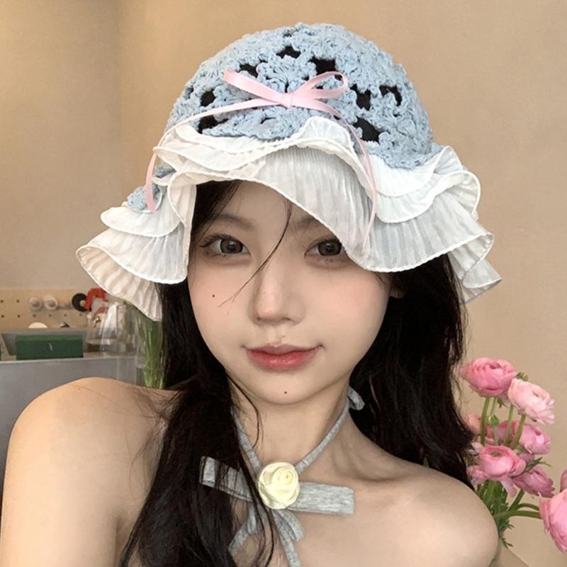 Summer Spring Crochet Bucket Hat Woman Commutes Camping Taking Photo Fisherman Hat with Pleated Trim for Girlfriend