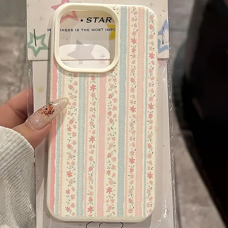 White Floral Blue & Pink Striped Lychee Texture Phone Case For iPhone 17 16 15 14 Plus 13 12 11 Pro Max 17 Air X XR XS Cover