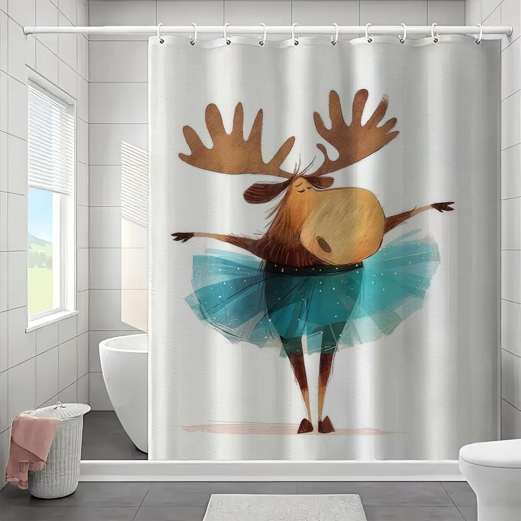 Modern Cartoon Moose Ballet Shower Curtain - Humorous & Whimsical Design, 100% Polyester, Machine Washable, Includes Hooks