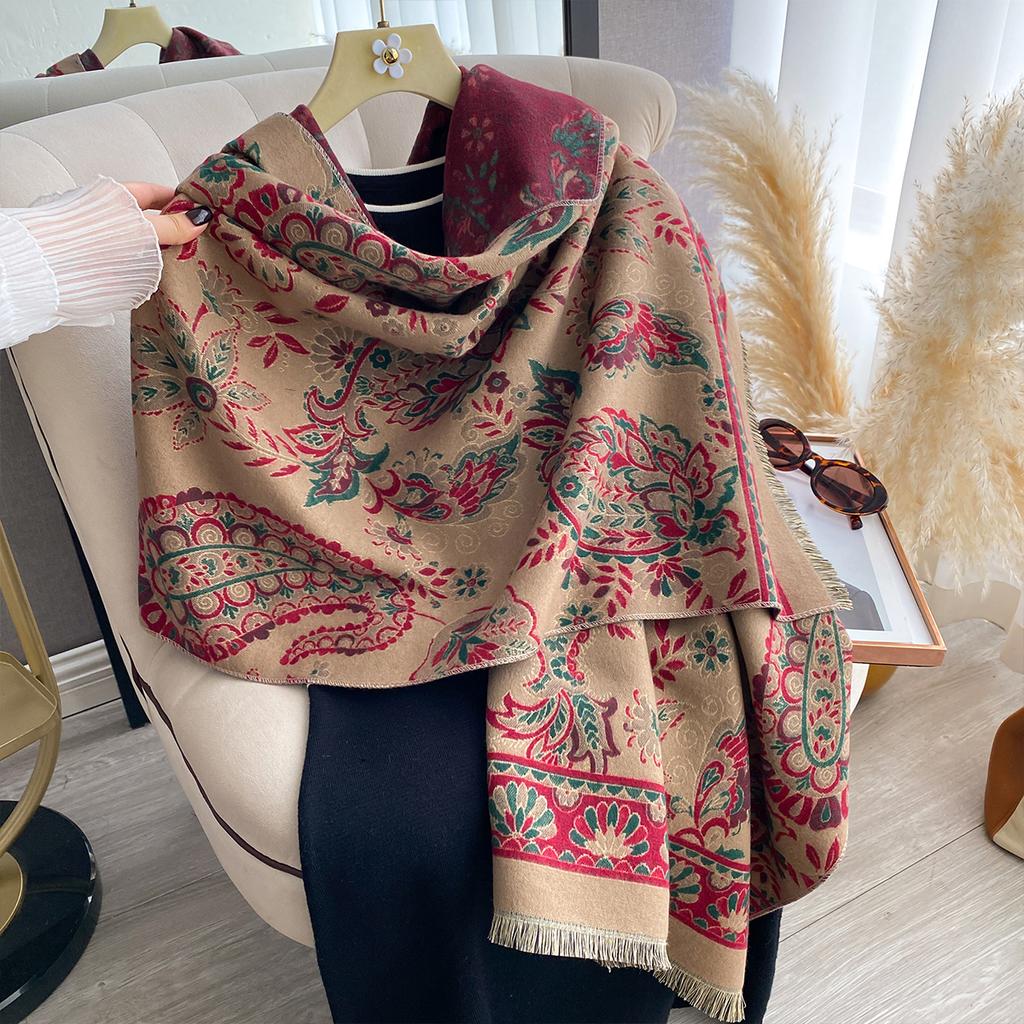 Neue Modemarke Blumen Schal Damen Wärmer Winter Pashmina Nationalstil Schals Stolen Weiblich Dicke Decke Wickeltücher Foulard