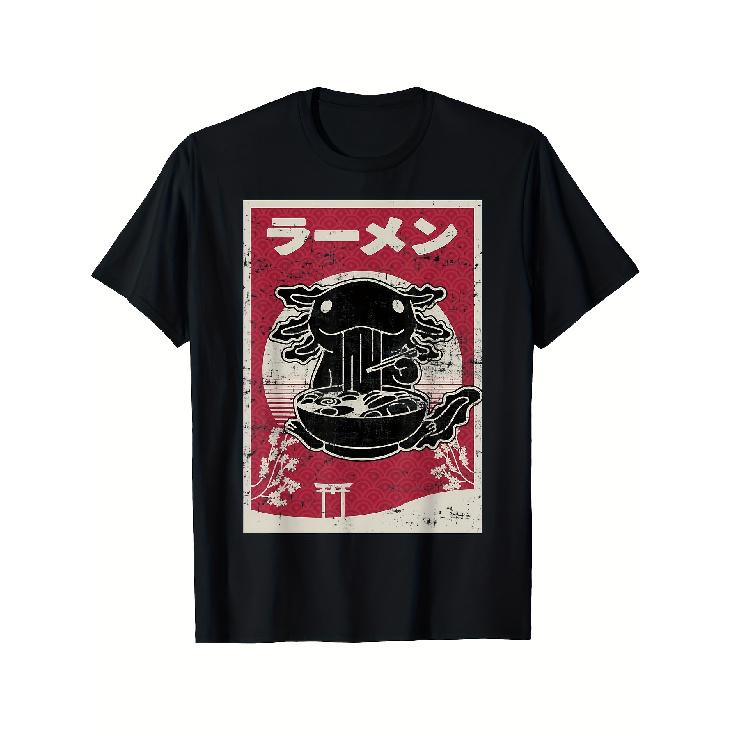 Cute Axolotl Ramen Japanese Woodblock Print Anime Boys Youth T-Shirt S чёрный