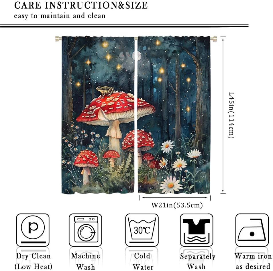 Rustic 70s Mushroom Frog Daisy Blackout Curtains Vintage Watercolor Spring Misty Forest Wildlife Frogs Printed Perforated Curtai