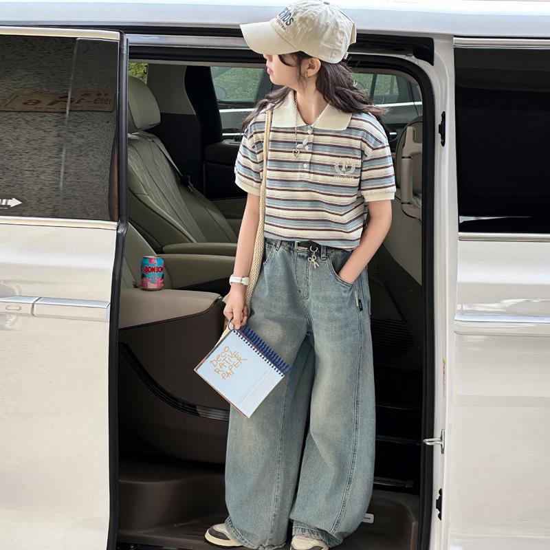 Gestreiftes Polo-Shirt und Jeans-Hose mit weitem Bein für Mädchen - Koreanischer Stil Lässige Sommer-Mode