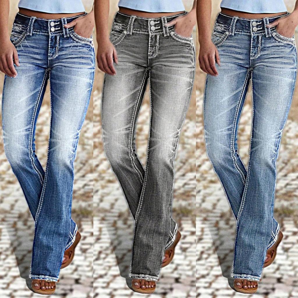 Pantaloni Jeans Albastri cu Talie Înaltă, Casual, Evazați, Slim Fit, pentru Femei, cu Buzunare