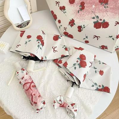 Women, UV Protection for Sun Shading, Dual Use for Sun and Rain,  3 Folding Umbrellas Bow, Flower Patterned Umbrella