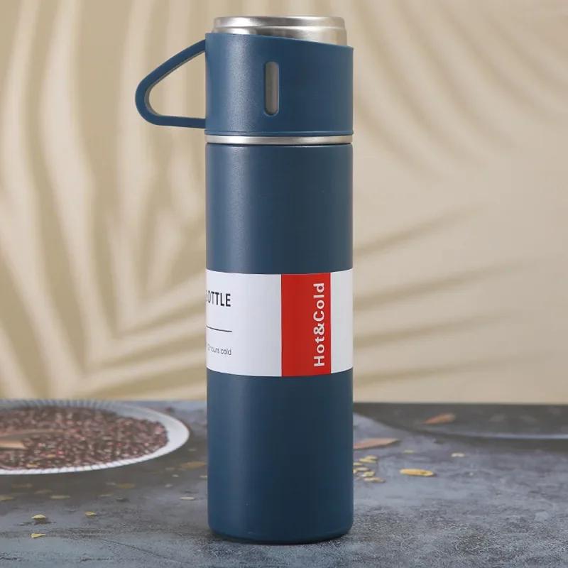 500ML 3-Tassen-Deckel Outdoor Heißwasser Thermoisolierung Neue Edelstahl-Vakuumflasche Geschenkset Thermoskanne Business-Stil