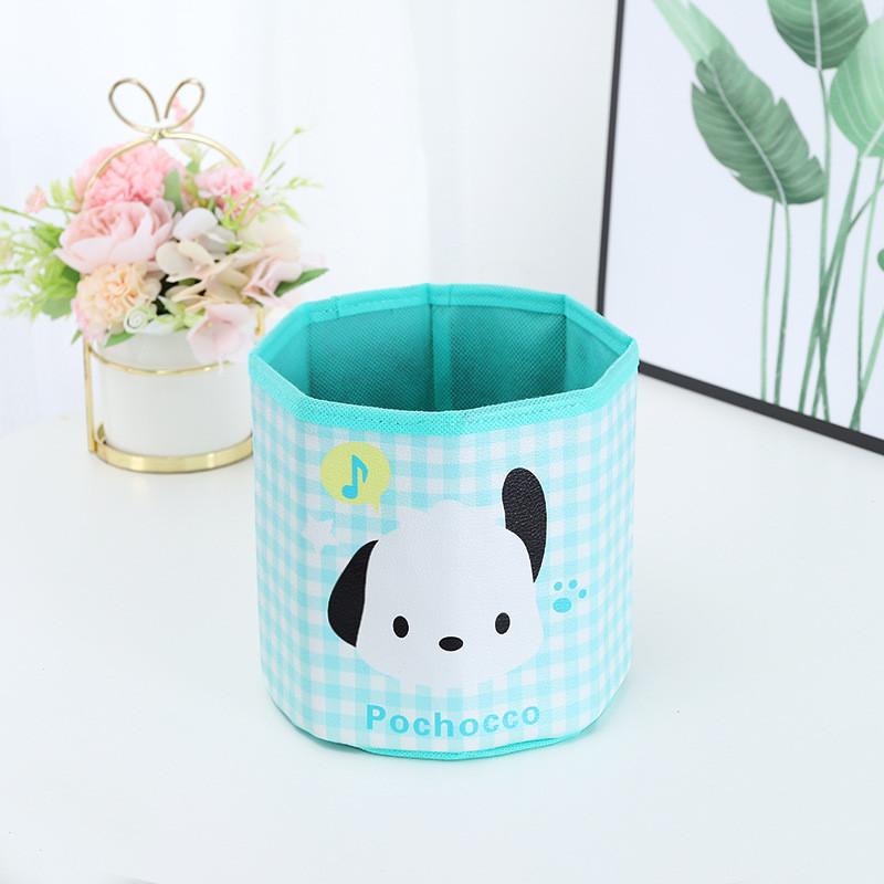 Pu Cartoon Grid Round Storage Bin With Foldable Design For Desk Organization And Office Use