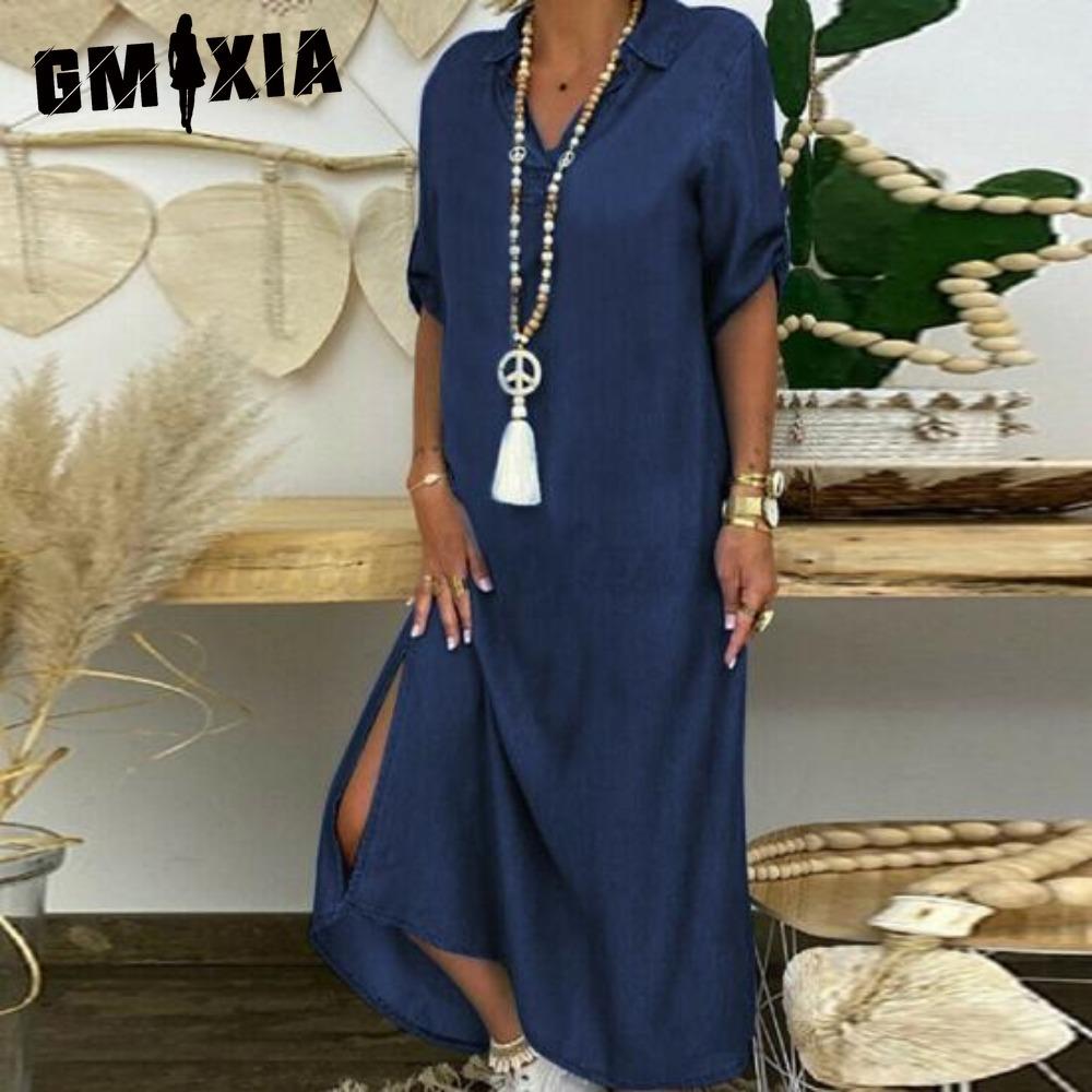 GMXIA Letní džínové šaty pro ženy Ležérní jarní modré maxi šaty Výstřih do V Poloviční rukáv Nadměrná velikost Dlouhé šaty s rozparkem