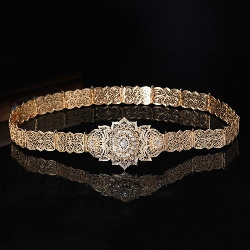 Traditional Hollowed Out Belt Moroccan Caucasus Robe Belt Antique Waistband for Wedding Rhinestones Carving Corset Belt