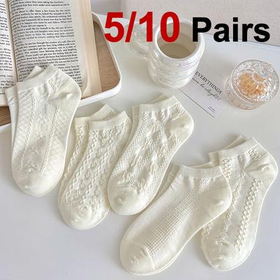 5/10 Paires Chaussettes Courtes Rayées Blanches pour Femmes Mode Lolita Jk Style Douces Confortables Absorbant la Sueur Respirantes Décontractées