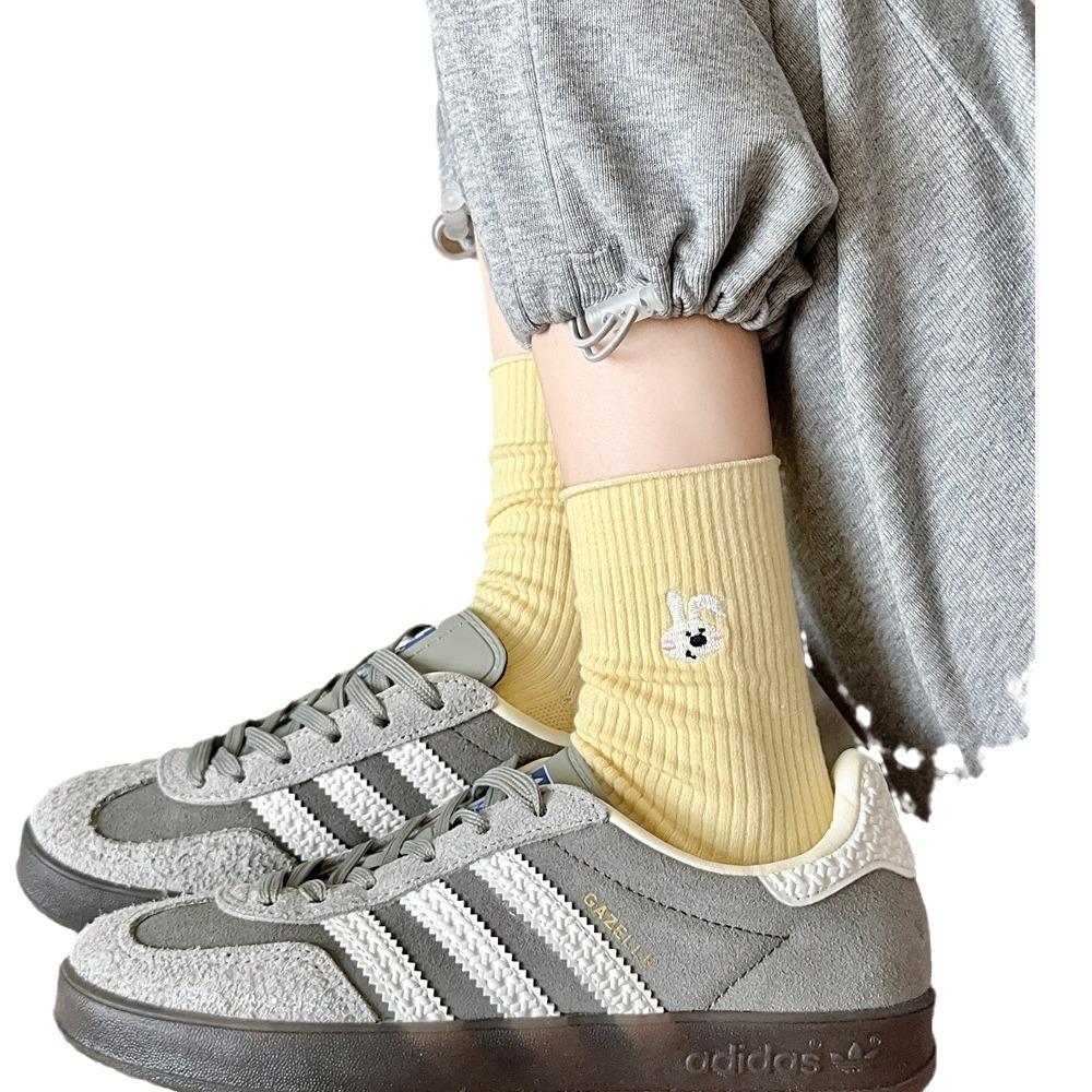 Dongdaemun Women'S Socks Double Needle Cartoon Expression Smiley Face Animal Embroidery Women'S Cotton Socks Medium Tube Socks Stacking Socks