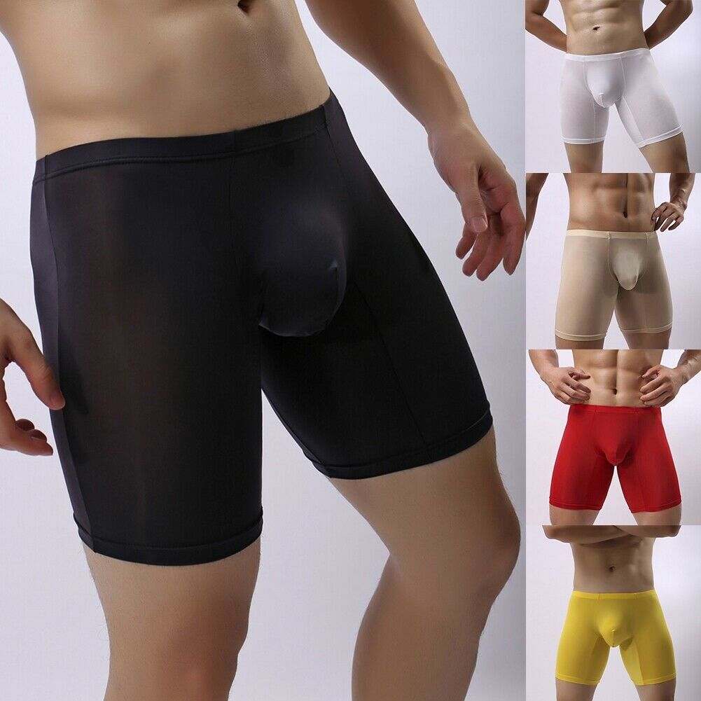 Men Long Leg Boxer Trunk Sport Breathable Bulge Pouch Briefs Ice Silk Underwear