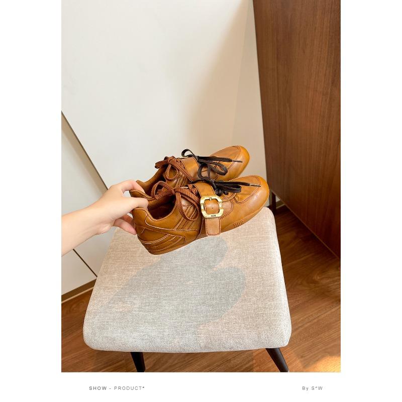 Cowhide~ Retro Double Shoelaces Inner Height-increasing Leather Shoes Women's Round Head Versatile Belt Buckle Casual Sports Ballet Shoes