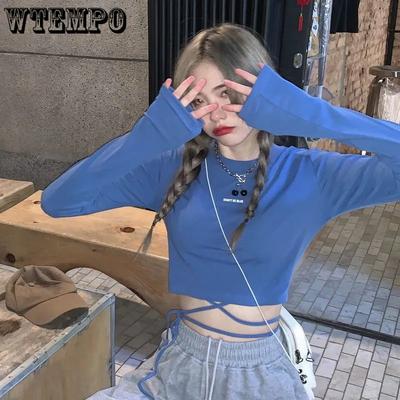 Long Sleeve T-Shirts Women Cropped Ins Prevalent Bandage Tops Harajuku Ulzzang Street Spring Girl Causal Slim Shirts