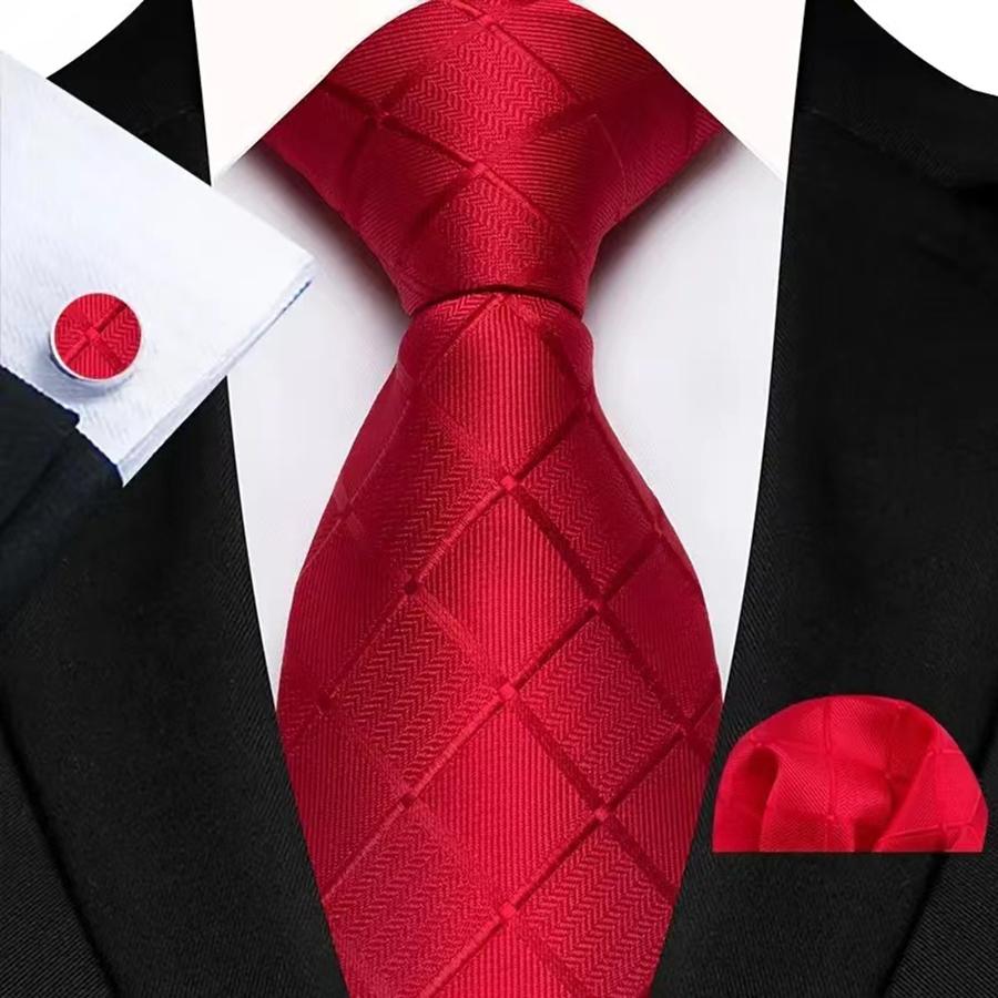 Red Striped Paisley Solid Floral Wedding 8CM Tie For Men Design Mens Necktie Hanky Cufflink Set For Daily Wear Business Party