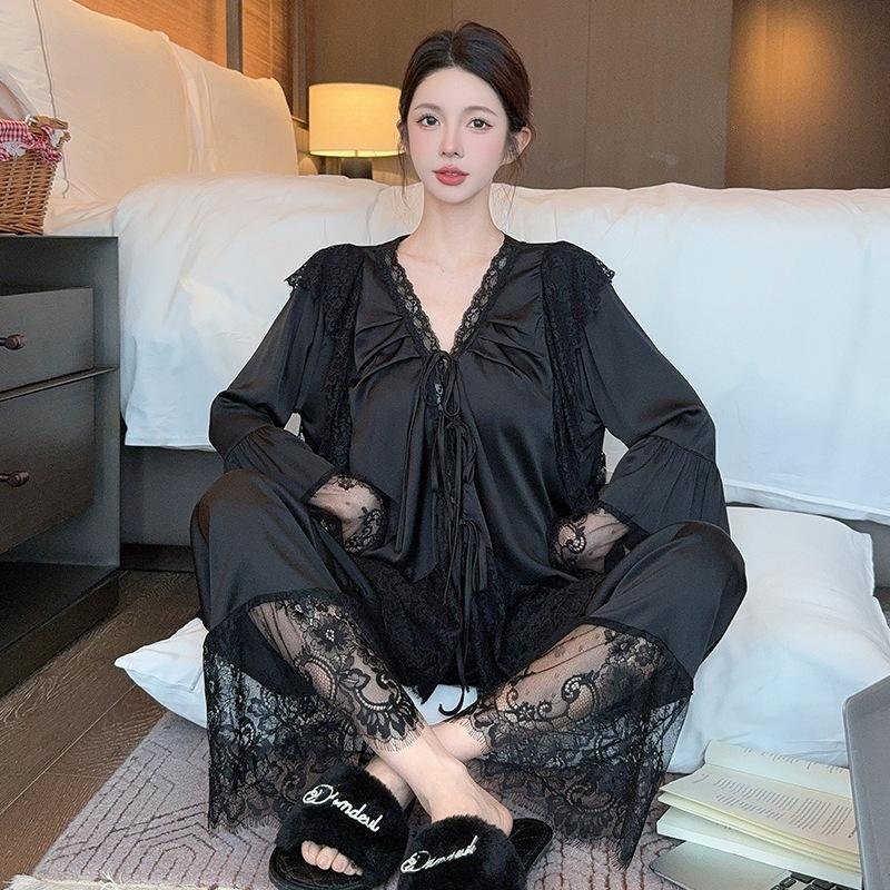 New ice silk pajamas women's spring and summer high-end French court style lace splicing set, thin long-sleeved loungewear