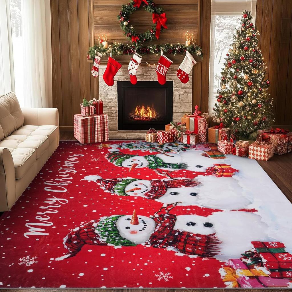 VIKAMA Kerst Sneeuwvlok Vloerkleed Rood Zwart Buffalo Plaid Wasbaar Antislip Anti Slip Tapijt Slaapkamer Woonkamer Woondecoratie