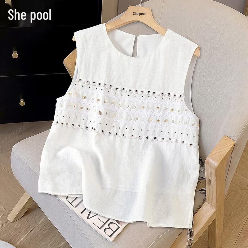 Women s Linen Beaded Round Neck Sleeveless Top L