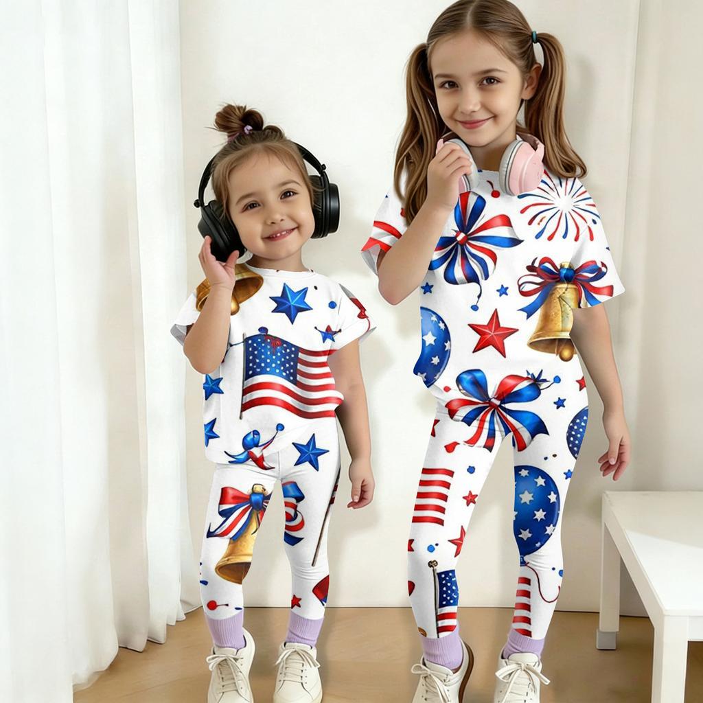 Jungen und Mädchen Unabhängigkeitstag Druck Set Kinder Freizeit Kurzarm Oberteil und Lange Hosen Set