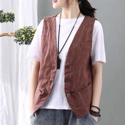 Lady Coat V Sleeveless Solid Retro Cardigan Color Button Closure Neck Single-breasted Waistcoat Daily Wear Casual Vest