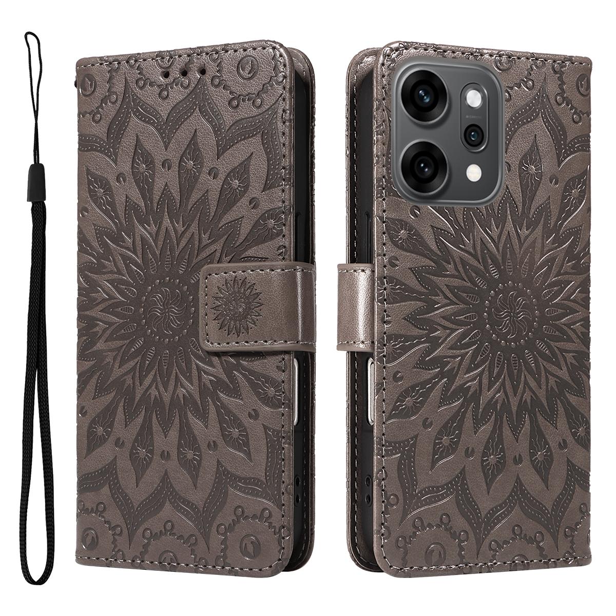 

For Oppo Reno14 Pro 5G (China)/Oppo Reno14 Pro 5G (Global) Leather Wallet Case Sunflower Imprinted Phone Cover Grey