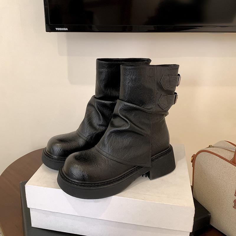 

Ботинки Женские ботинки Узкие Женские Осенне-зимние Новые На толстой подошве На толстом каблуке Ботинки-брюки Пряжка-ремень Ретро Рыцарские ботинки Ботинки 40