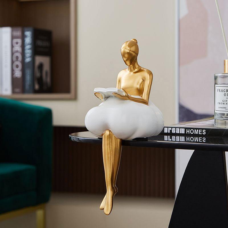 Creative Gold Modern Abstract Art Girl Figurine – Luxury Sitting Sculpture for Home, Living Room, Bookshelf, and Office Decor