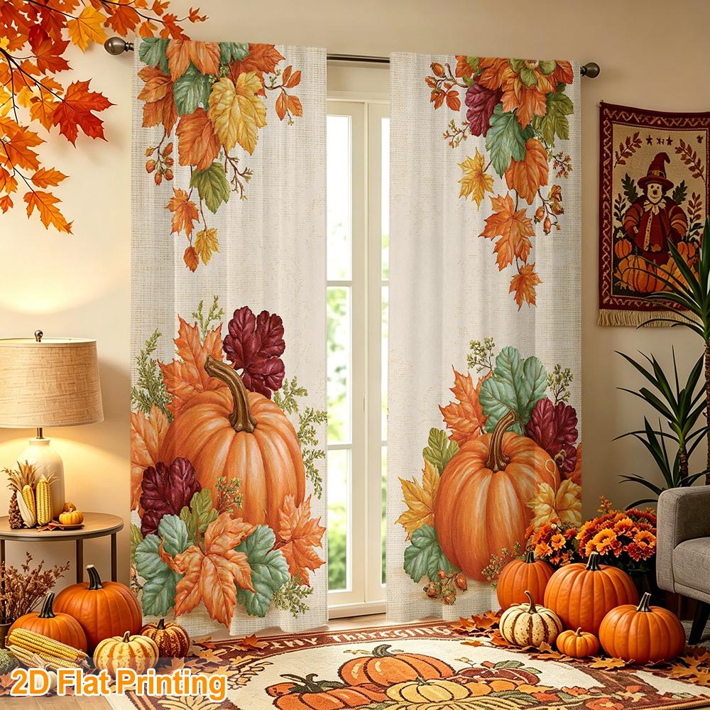 2PCS Thanksgiving Fall Curtains, Pumpkin Maple Leaf, Digital Print, Bedroom Living Room, Office, Bathroom, Dining Room