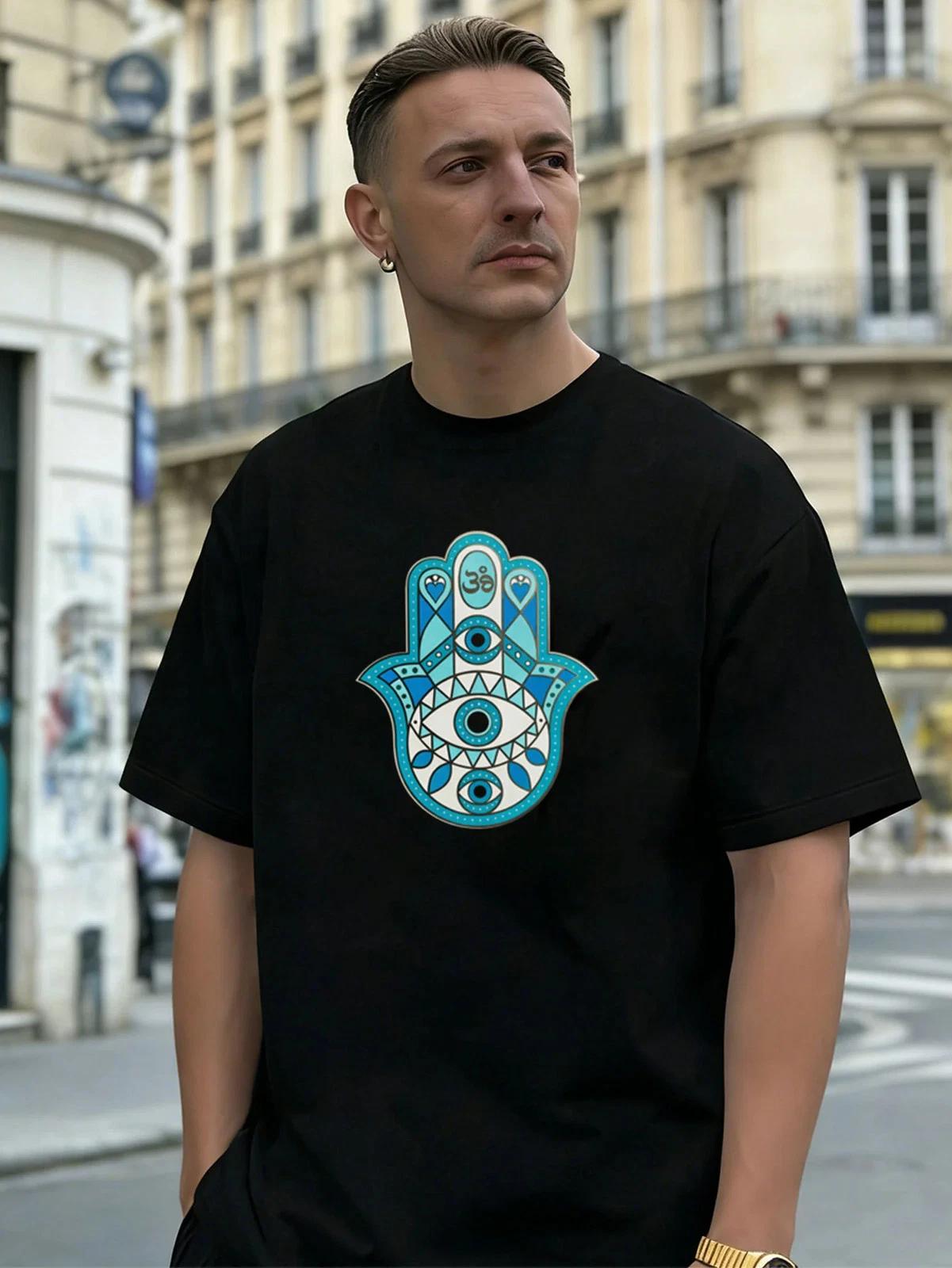 Evil Eye Hamsa Hand Graphic Cotton Men s T-Shirt, Suitable for Daily Streetwear S
