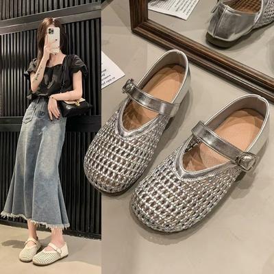 Woven Mary Jane Women's Shoes Single Shoes Mesh Hollow Shoes 2025 Summer New Flat-soled Soft-soled Fishing Net Shoes Sandals