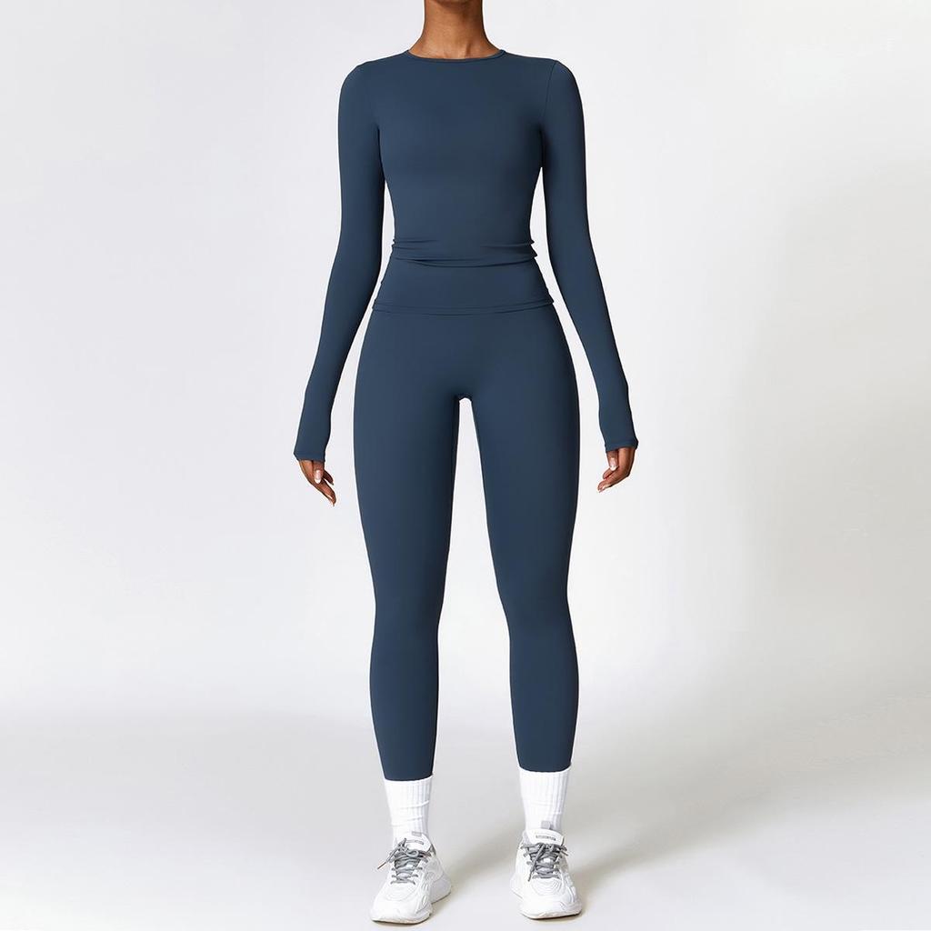 Damen Herbst/Winter Gebürstetes Langarm Yoga Set mit Elastischen Tights