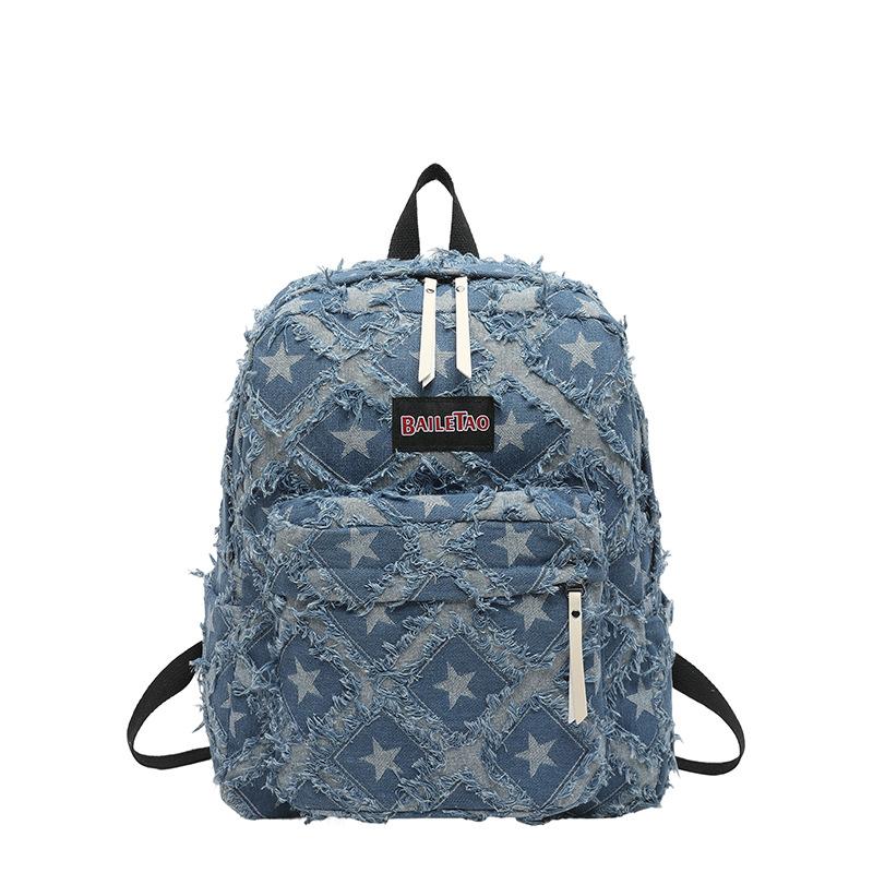 Schultasche Retro Alter Stern Denim Rucksack Fransen Grobe Kante Nischen Design Lässiger Rucksack Große Kapazität Schultasche