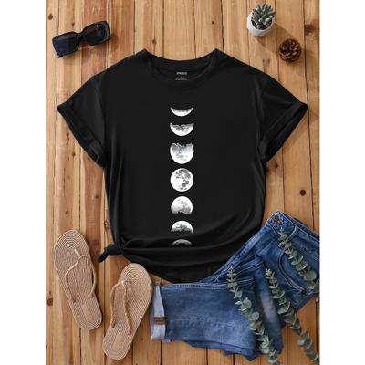 T-shirt Girocollo con Stampa Luna, T-shirt Casual a Manica Corta per Primavera & Estate, Abbigliamento Donna