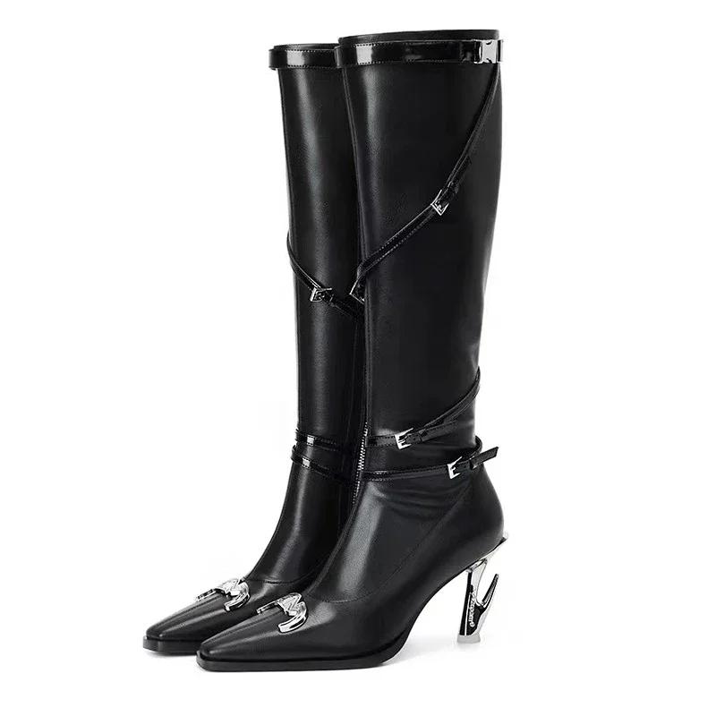 Fashion Autumn Special Heel Spice Girl High Heel Boots Pointed Toe Metal Buckle Side Zipper No Knee High Fashion Leather Boots