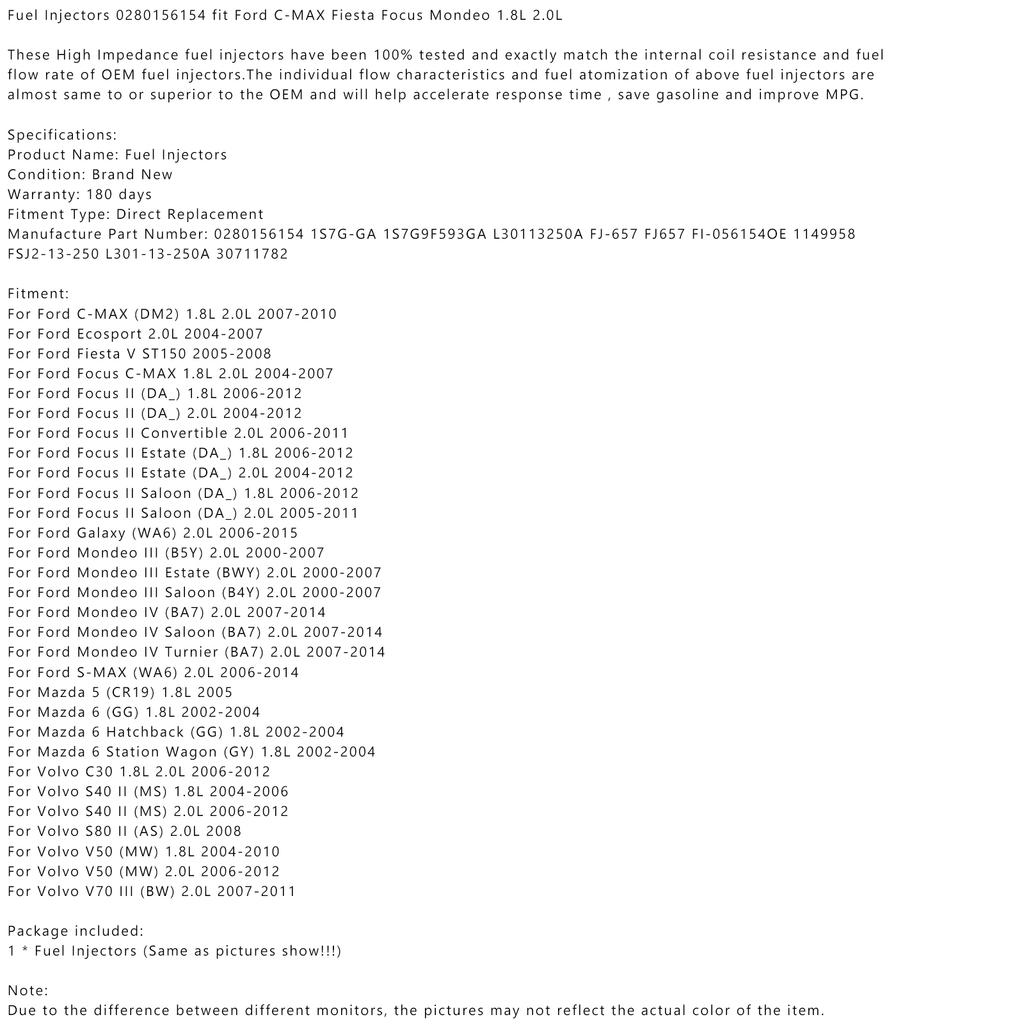 1PCS Fuel Injectors 0280156154 Fit Ford C-MAX Fiesta Focus Mondeo 1.8L 2.0L