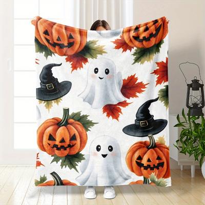 Halloween Flannel Fleece Throw Blanket - Pumpkin Ghost Witch Hat Print, Cozy Soft Plush Blanket for Sofa, Bed, Car, Office, Camp