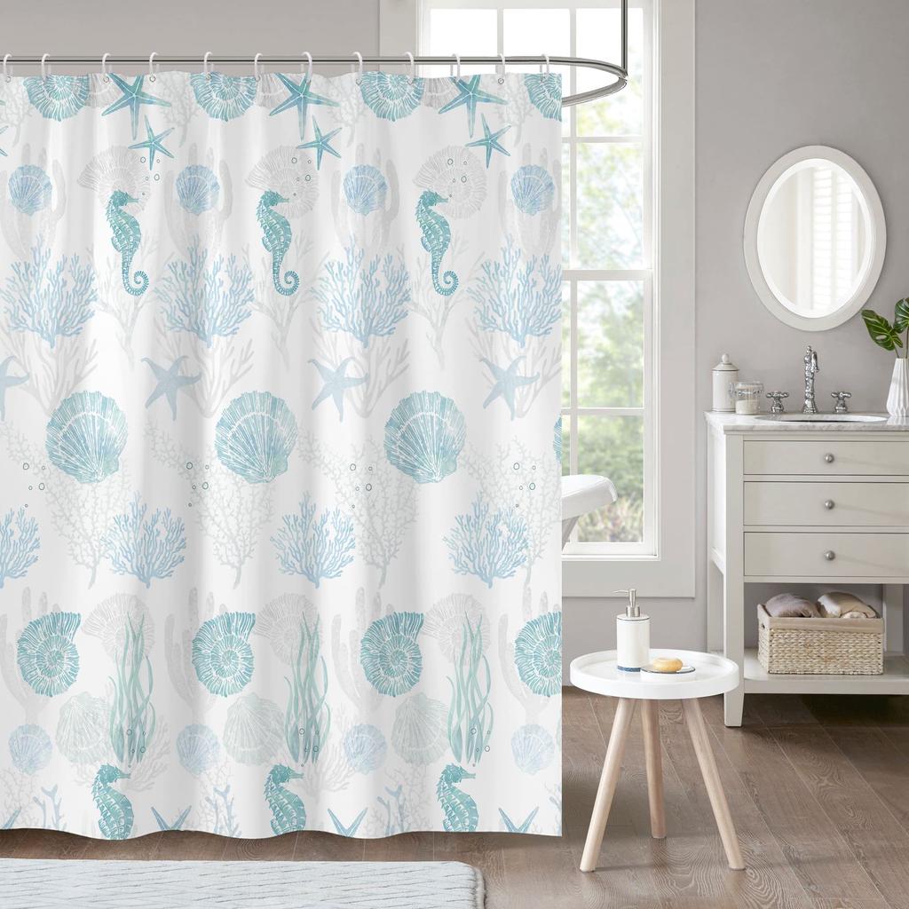 Nautical Coastal Shower Curtain,Beach Ocean Theme Shower Curtain for Bathroom Decor,Summer Tropical Coral Bath Curtain with Hook