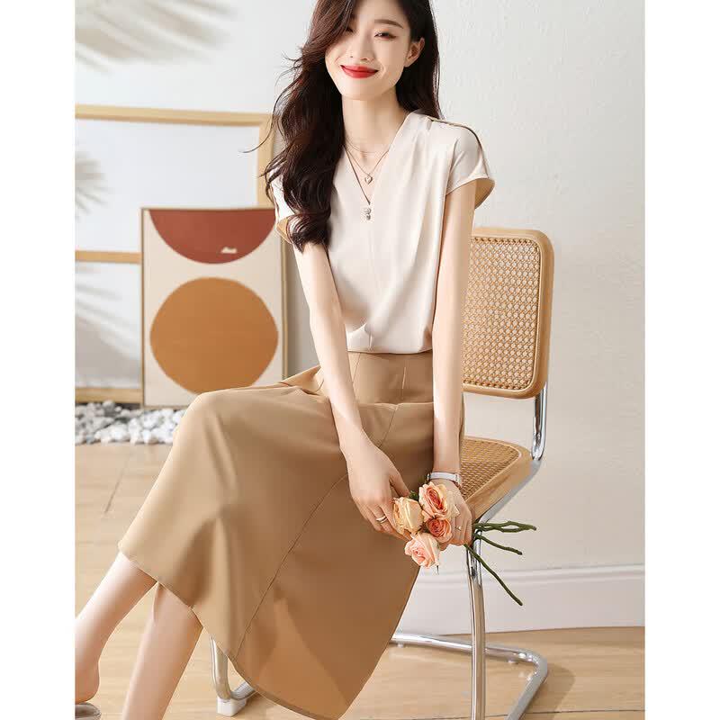 Mohan Yimei Contrast Trim Chiffon Blouse & Skirt Set M