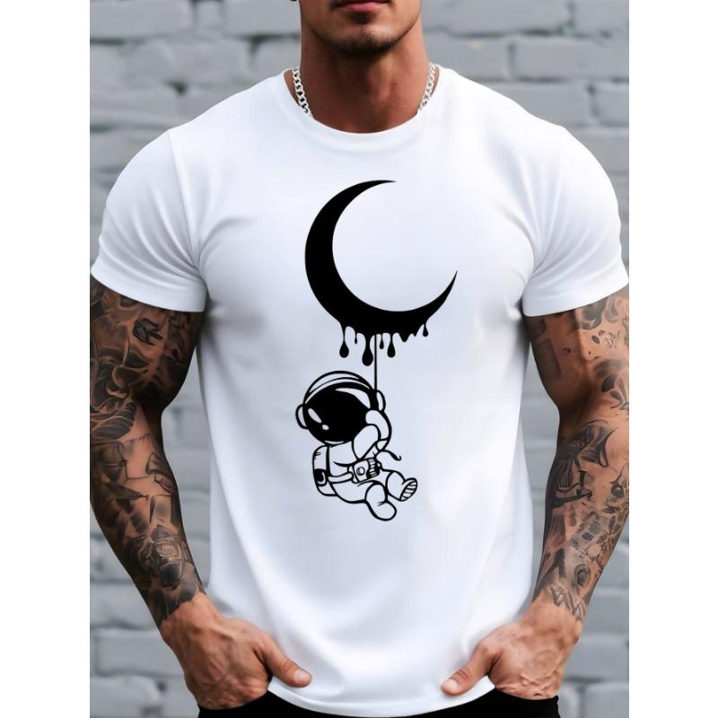 

European Size Astronaut Moon-Themed Creative Cartoon Print Comfortable Men S Round Neck Short-Sleeve T-Shirt, Suitable for Outdoor Activities XXXXXL чорний