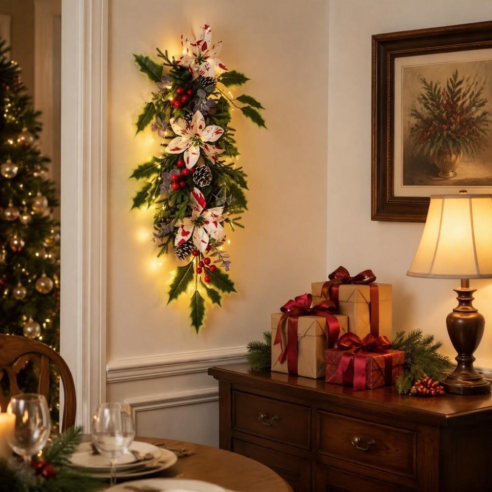 Artificial Artificial Pine Branch Faux Flower Hanging Poinsettia Flower Door Hanging Holiday