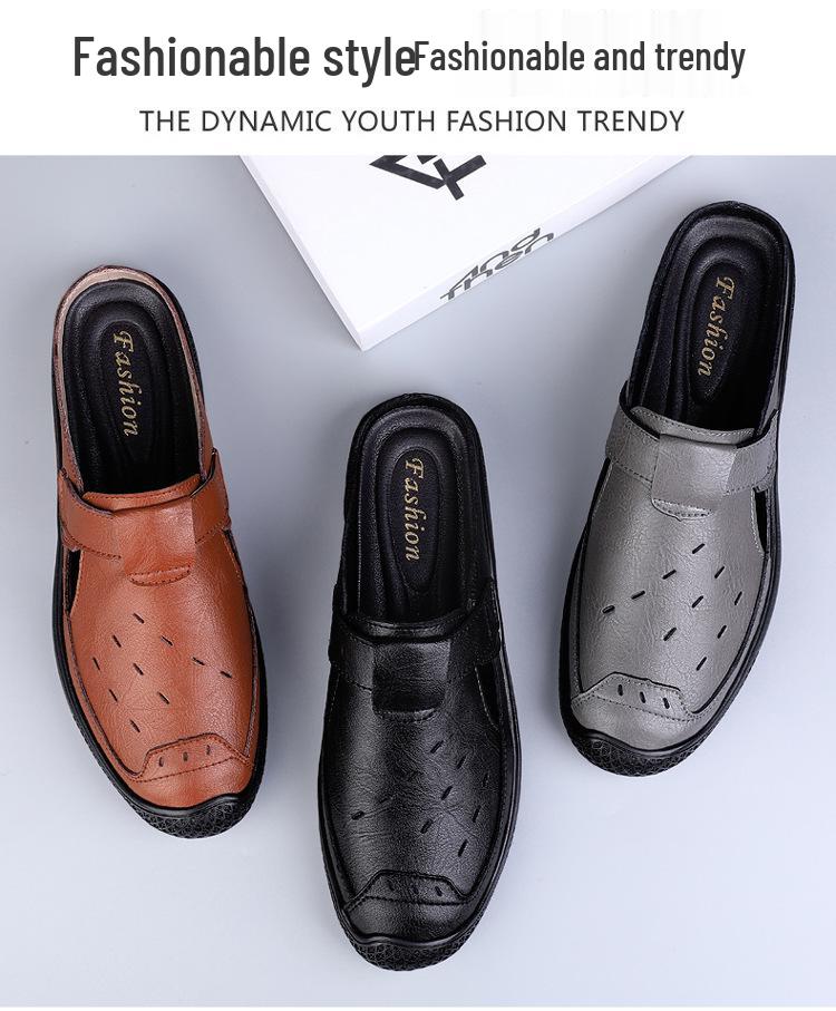 Men's Plus Size Breathable Cowhide Backless Slippers: Summer Hollow Design