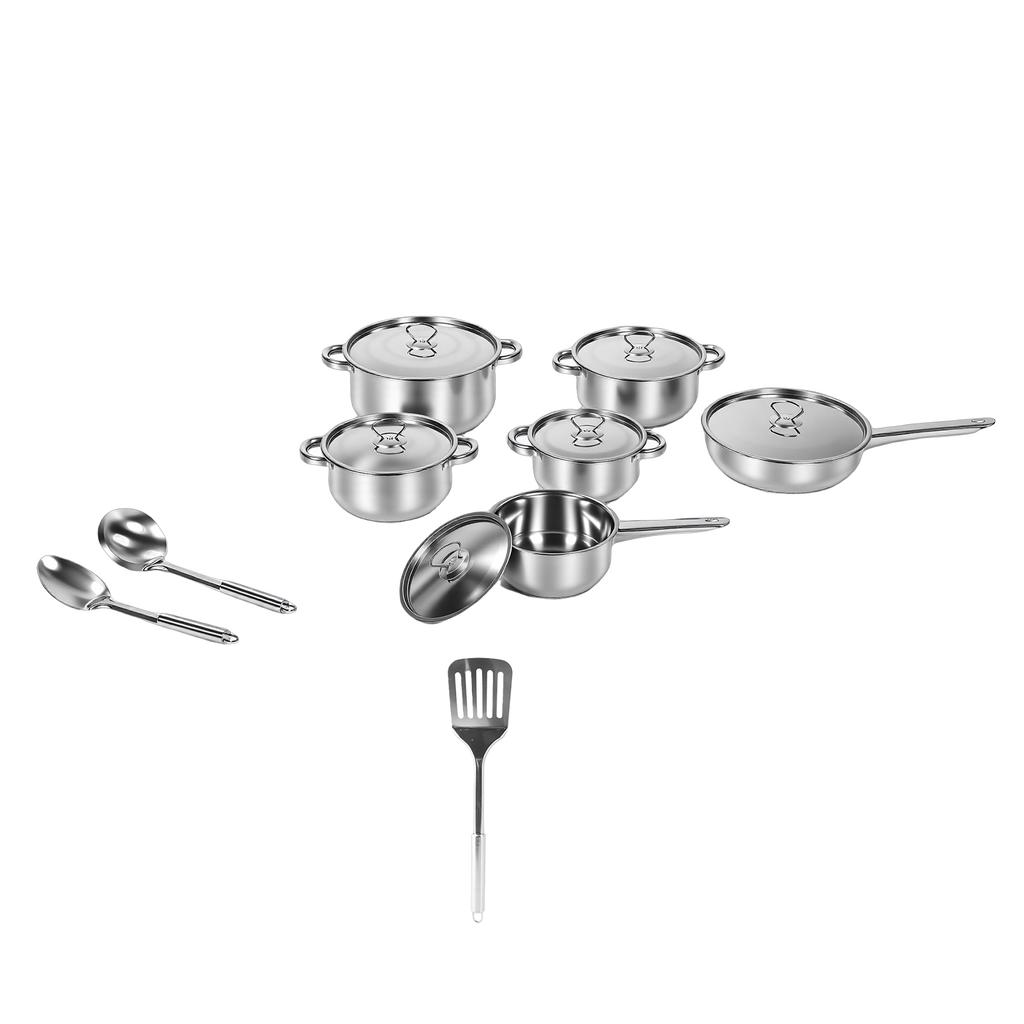 Stainless Steel Cookware Set 4 Soup Pots 2 Pans 1 Spatula 2 Spoons Kitchen Cooking Set for Home