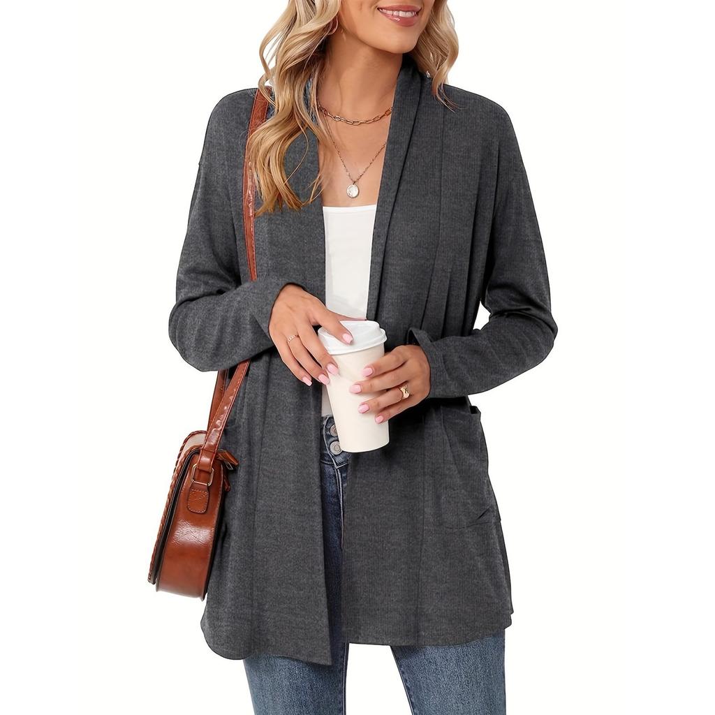 Dámské lehké kardigany s otevřeným předním dílem, dlouhým rukávem, ležérního volného střihu, tenké kardigany s kapsami